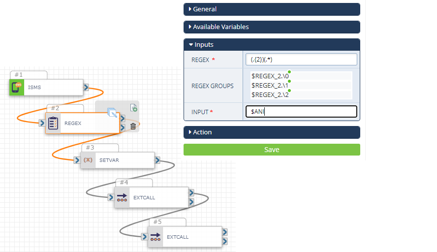 On the left the Regex action is selected within the flow, and on the right the configuration panel shows sample Regex configuration